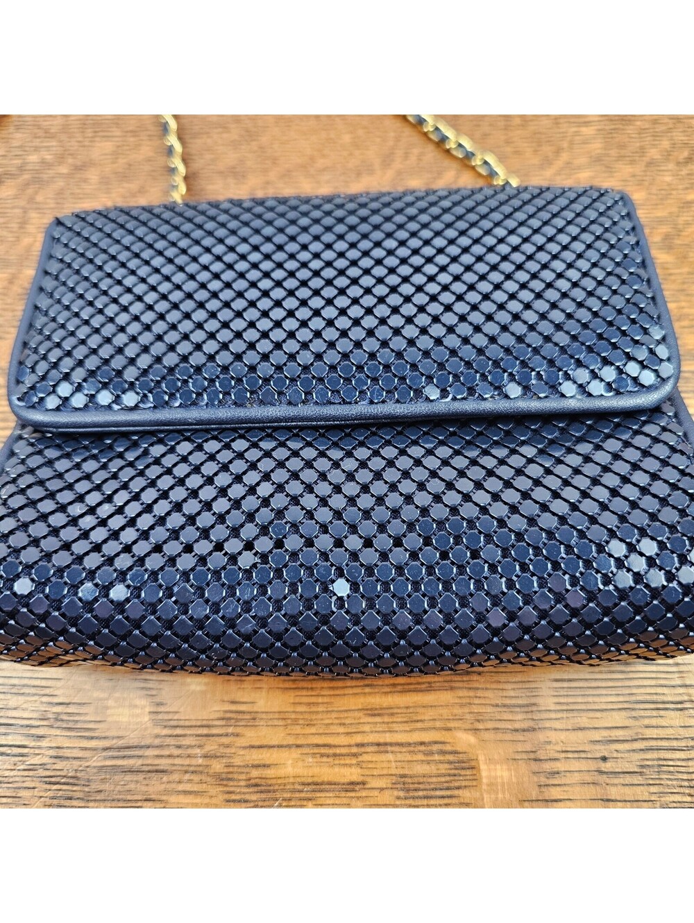 Vintage Whiting & Davis Navy Blue Metal Mesh Purse Gold Chain Shoulder Bag - Picture 2 of 15